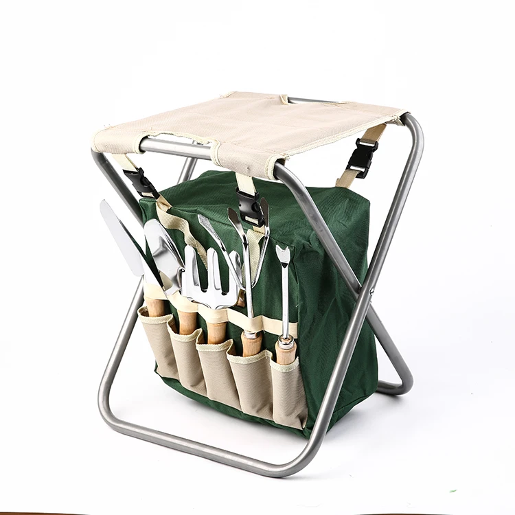 Wholesale outdoor adult handheld garden tools set foldable stool with tools