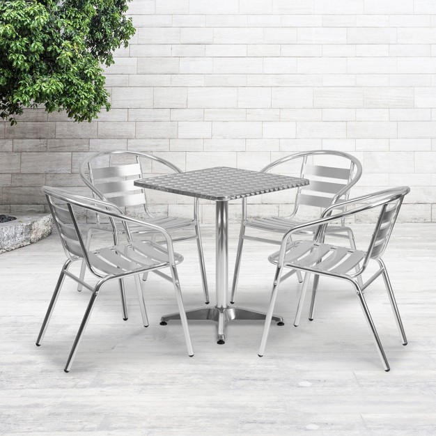 Square Aluminum Table Set With 4 Slat Back Chairs