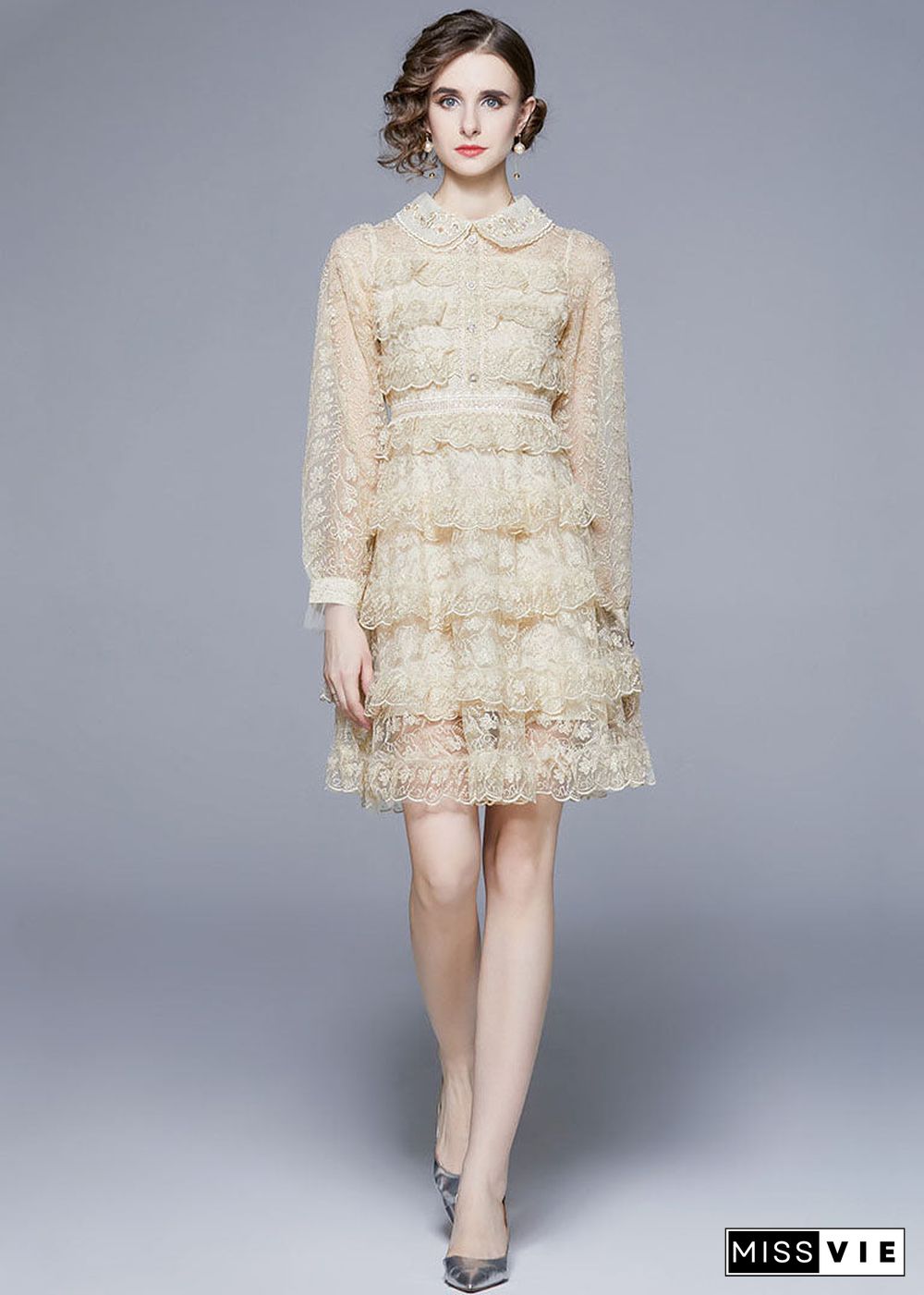 Beige Tulle Holiday Dress Peter Pan Collar Layered Ruffles Long Sleeve