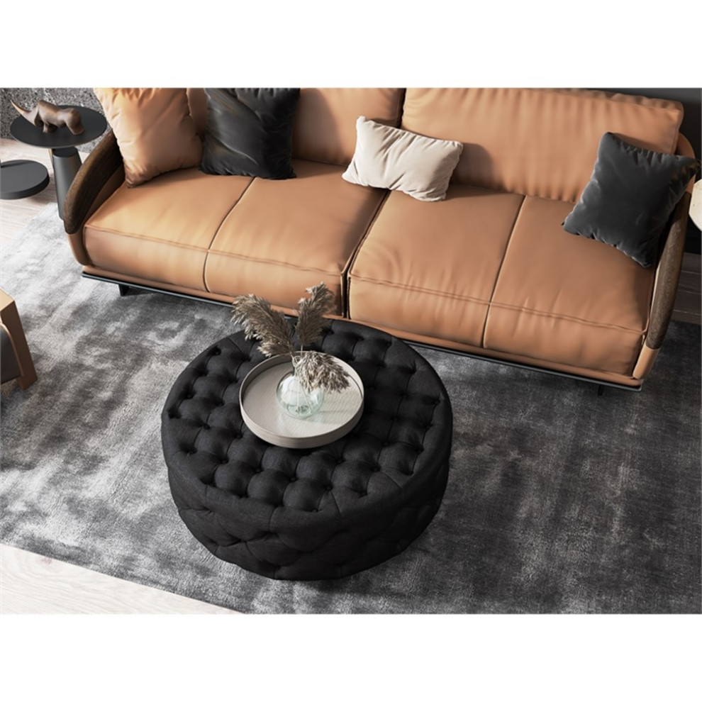 American Home Classic Jasper 17 quotRound Traditional Fabric Ottoman in Black   Transitional   Footstools And Ottomans   by Homesquare  Houzz