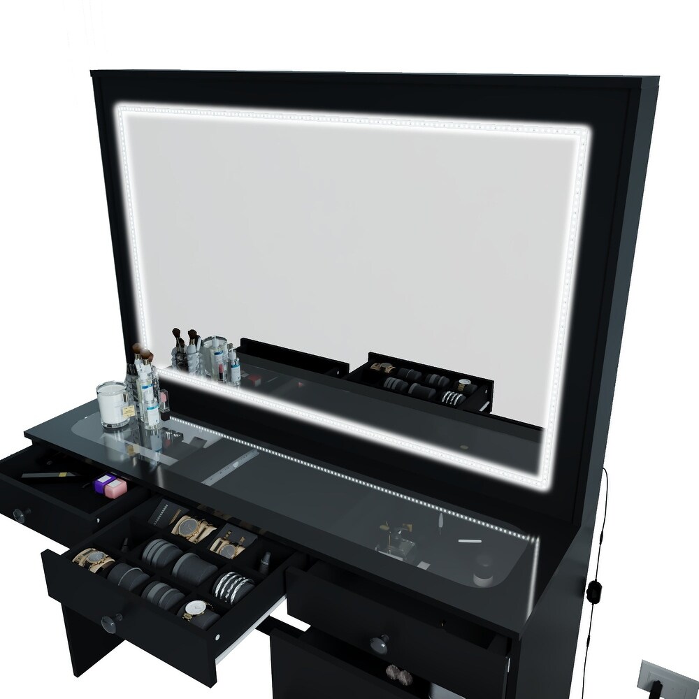Boahaus Theia Modern Black Vanity Desk  7 Drawers