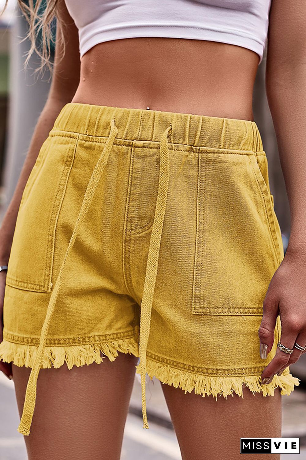 High Waist Drawstring Raw Hem Denim Shorts