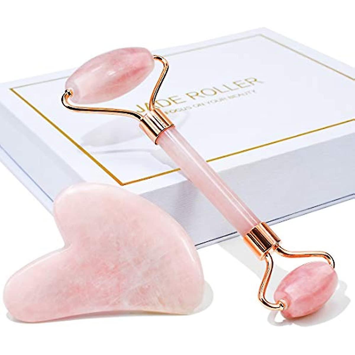 Jade Roller and Gua Sha  Face Roller  Facial Beauty Roller Skin Care Tools  Baimei Rose Quartz Massager For Face  Eyes  Neck  Body Muscle Relaxing And R