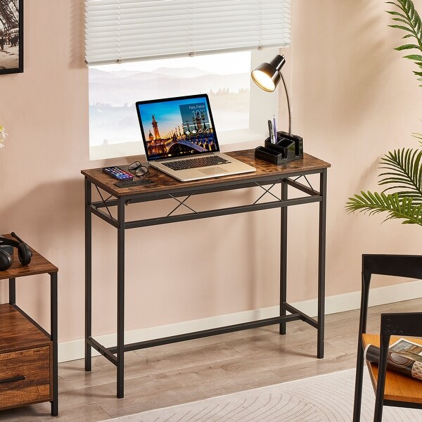 VECELO Industrial Rectangular Wood Console Table with AC Power and USB Charging Ports