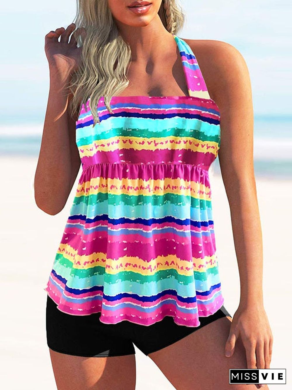 Plus Size Swimwear Sleeveless Colorblock Striped Printed Tankini