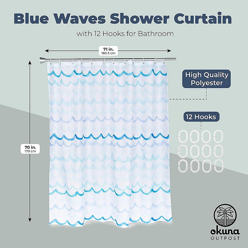 Okuna Outpost Blue Waves Shower Curtain Set with 12 Hooks， Beach Bathroom Decor (70 x 71 in)