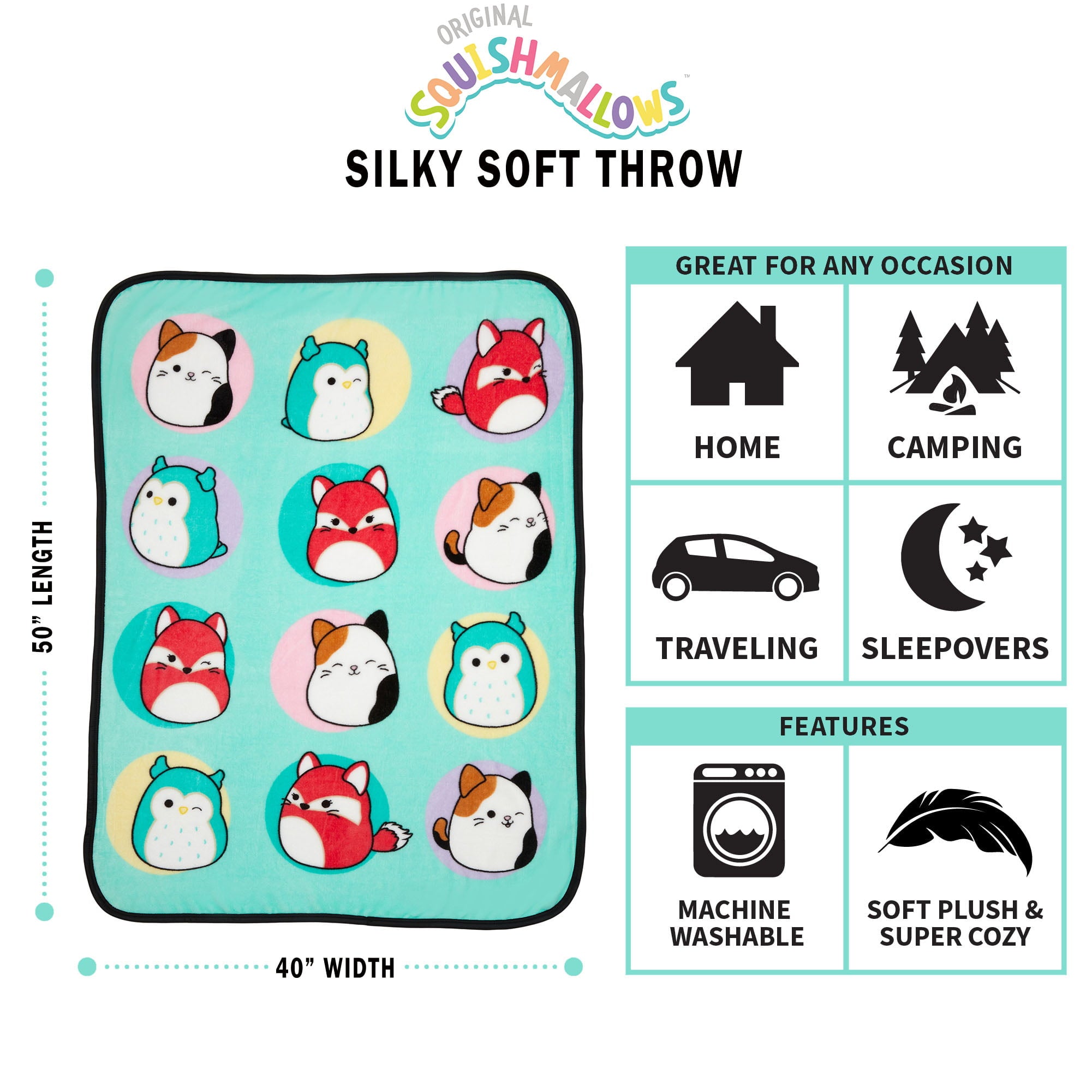 Squishmallows Kids Silky Soft Plush Throw Blanket， 40 x 50， Teal， Jazzwares