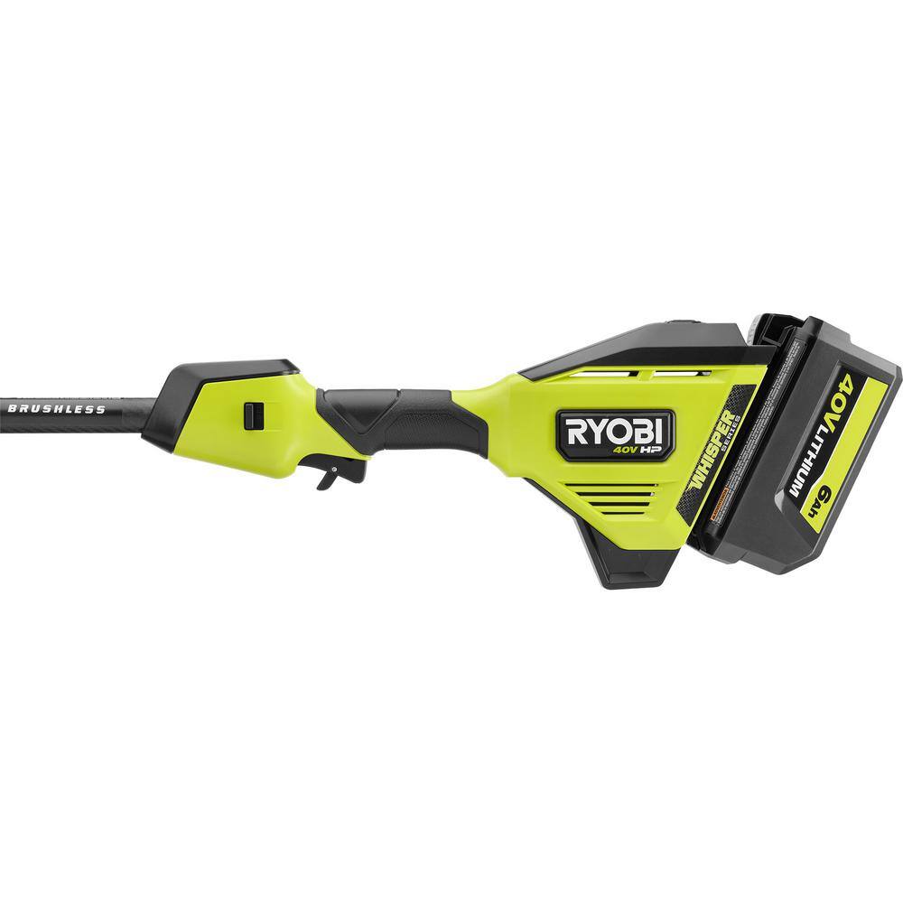 RYOBI 40V HP Brushless Whisper Series 17 in. Cordless Battery Carbon Fiber Shaft String Trimmer w 6.0 Ah Battery  Charger RY402110