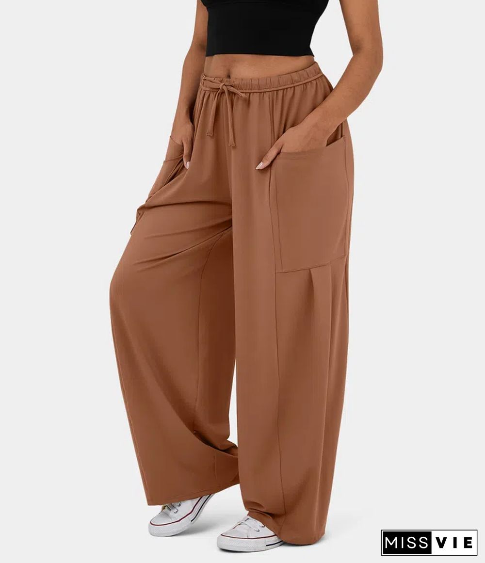 Mid Rise Elastic Waistband Drawstring Side Pocket Palazzo Flowy Wide Leg Casual Pants