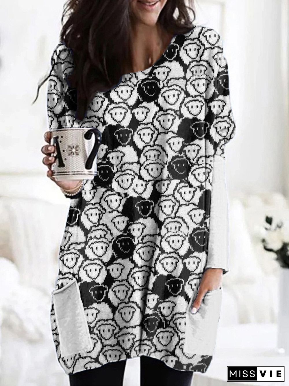 Cute Sheep Print Casual Cozy Long T-shirt