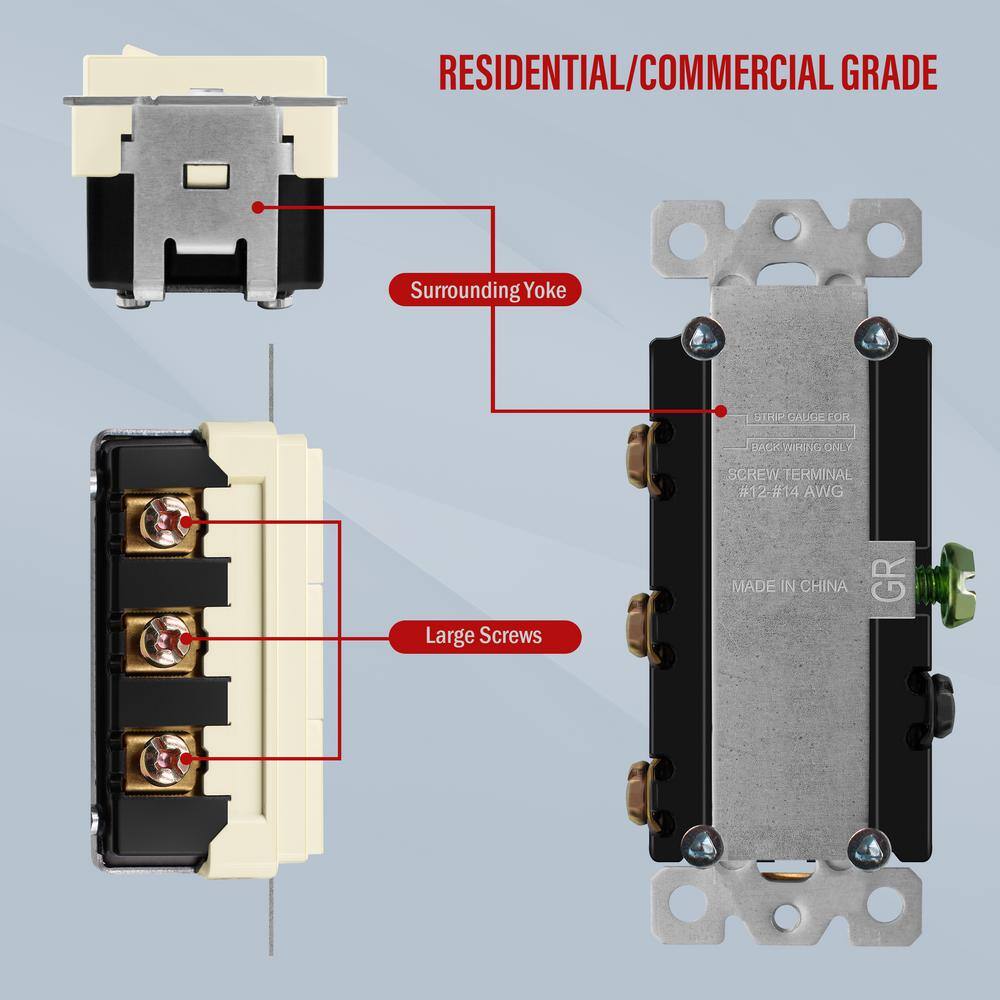 ENERLITES 15 Amp 120V-277V Triple Paddle Rocker Decorator Light Switch Single Pole Residential Grade in Light Almond (3-Pack) 62755-LA-3PCS