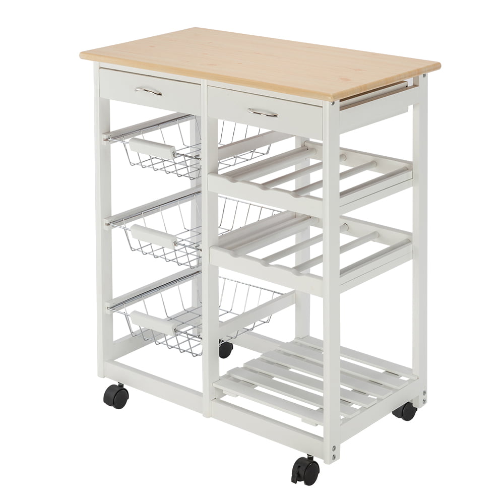 Kitchen Island Cart Trolley， Sturdy Microwave Oven Stand Storage Cart on Wheel with 2 Drawers， 3 Metal Baskets， 3 Shelf Panels， Heavy Duty Utility Carts， Rolling Cart Holds up to 220 lbs， Q3534