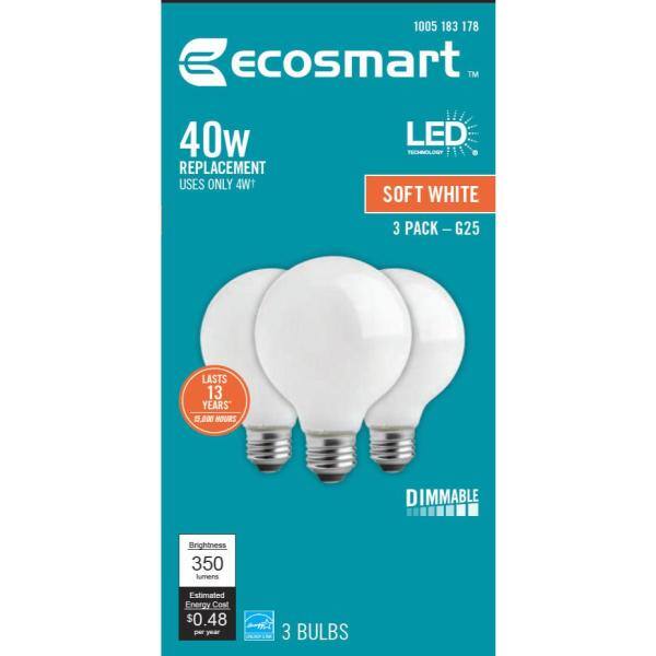 EcoSmart 40-Watt Equivalent G25 Globe Dimmable ENERGY STAR Filament LED Vintage Edison Light Bulb Soft White (3-Pack) FG-03397