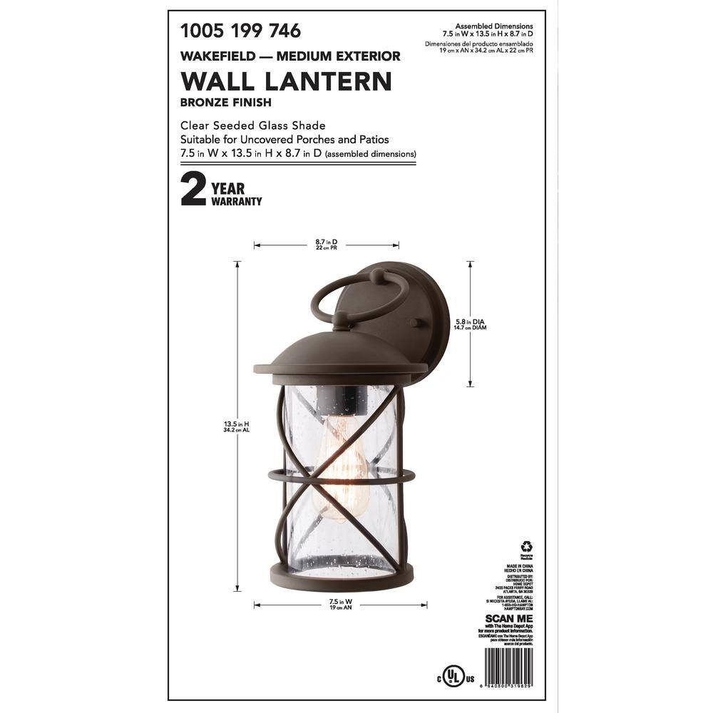 Hampton Bay Wakefield 1-Light Bronze Outdoor Wall Lantern Sconce WB1097-OWL