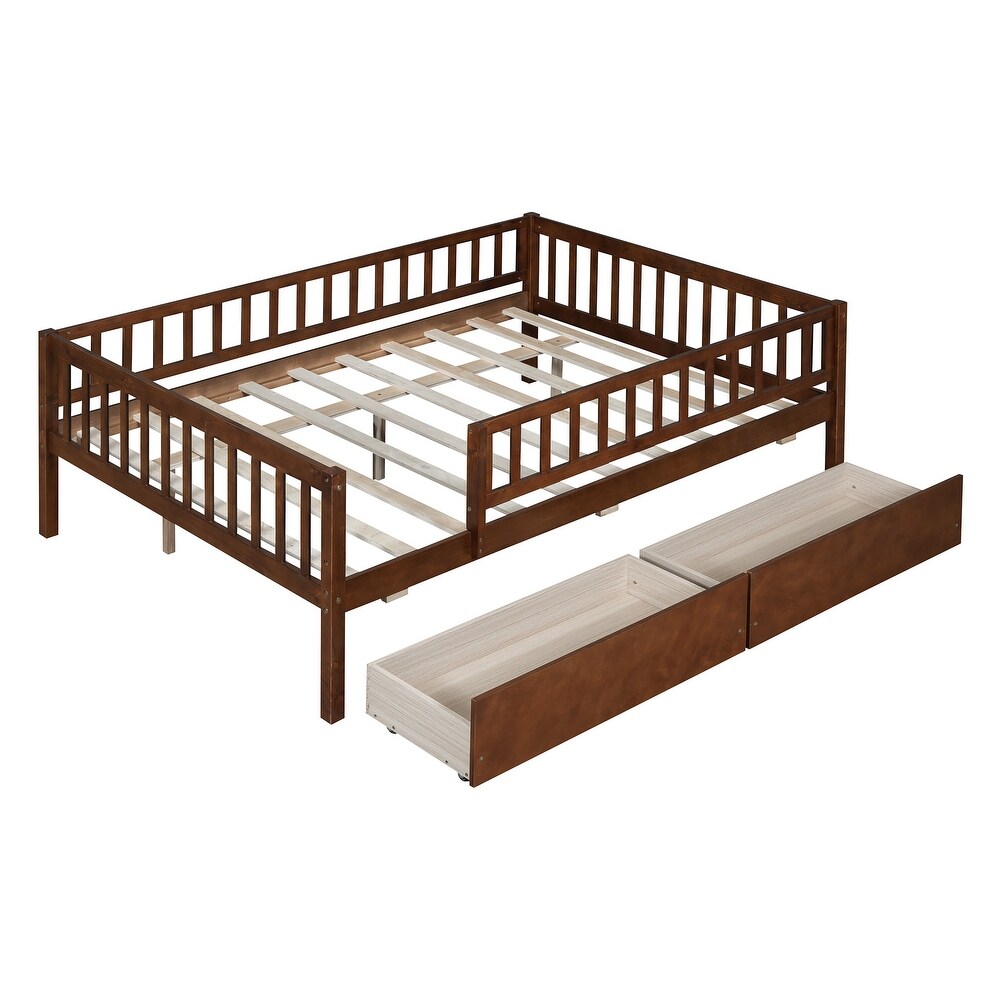 Full Size Daybed with 2 Drawers and Fence Guardrails  Sturdy Pine Wood Sofa Bedframe for Maximized Space and Comfort  Walnut