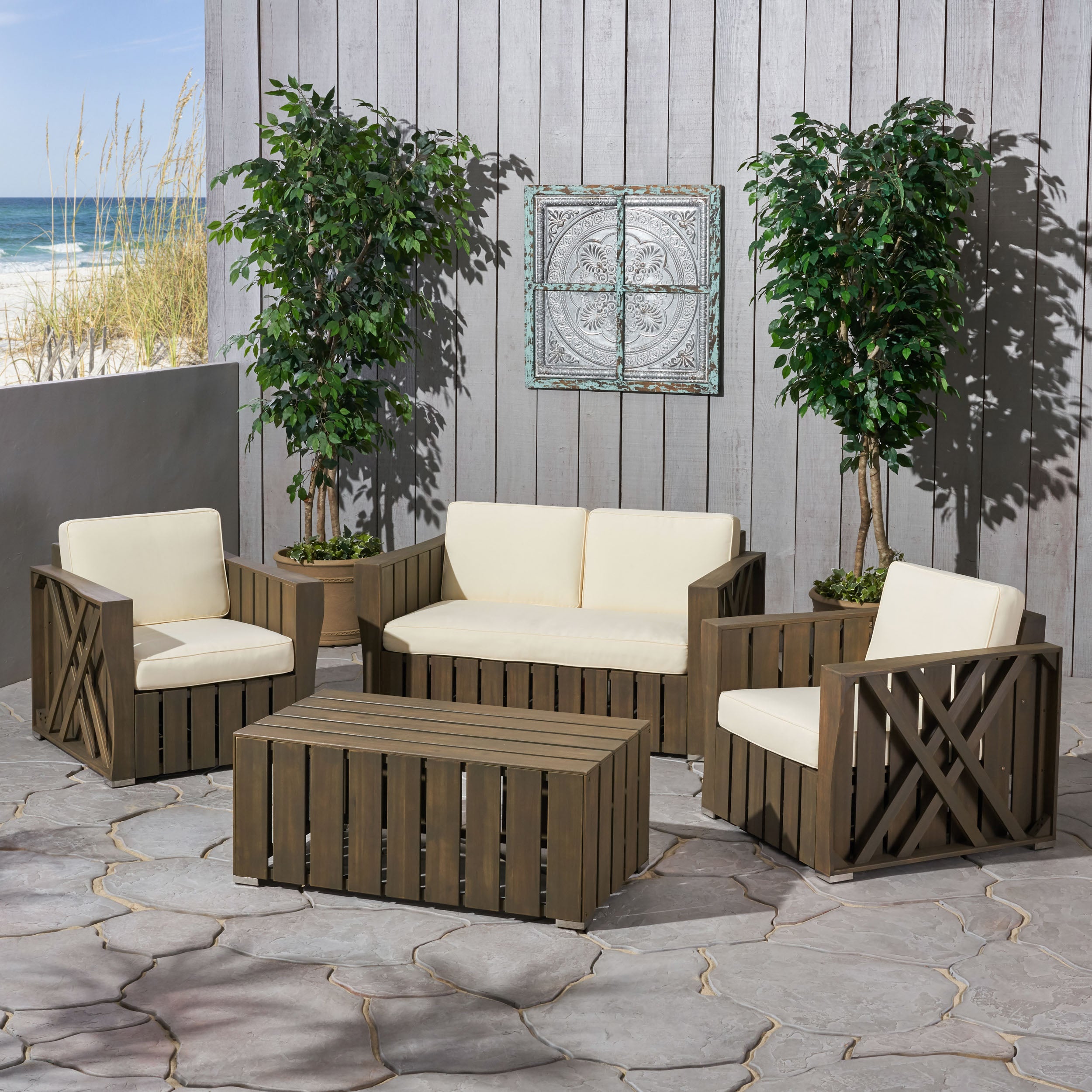 Calade Outdoor 4-piece Acacia Wood Chat Set with Cushions