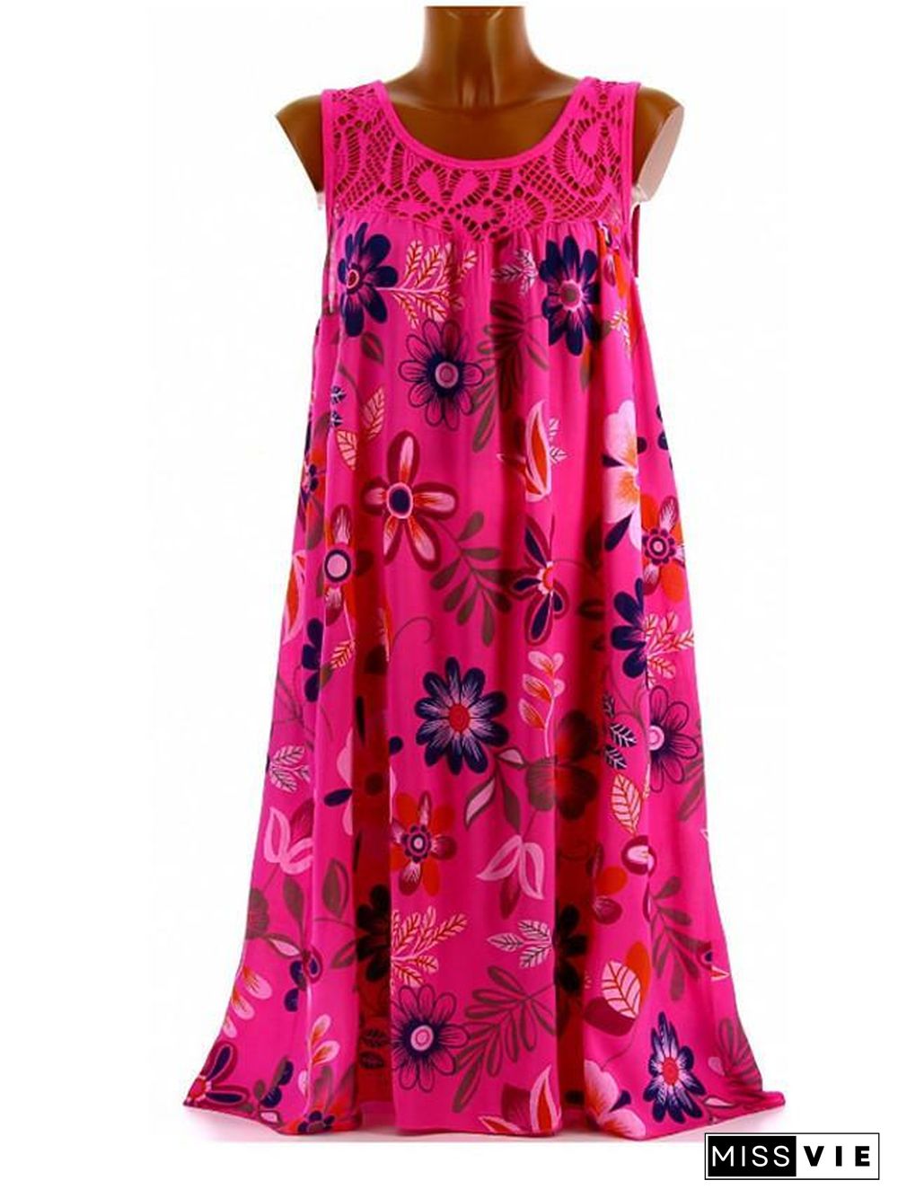 Women's Shift Dress Knee Length Dress - Sleeveless Floral Lace Print Summer Plus Size Hot Mumu Beach vacation dresses White Black Army Green Fuchsia Navy Blue M L XL XXL 3XL 4XL 5XL