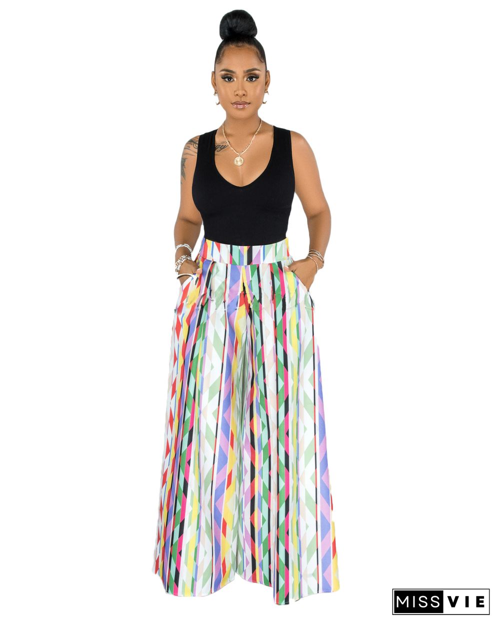 Women Casual High Waist Loose-Fitting Print Wide Leg Pants