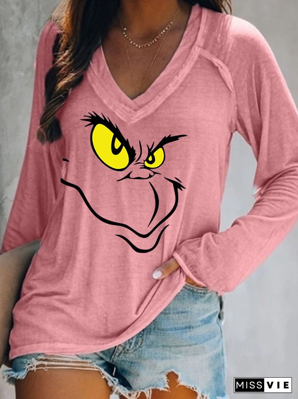 Women's Christmas Cartoon Character Casual V-Neck Long-Sleeve T-Shirt