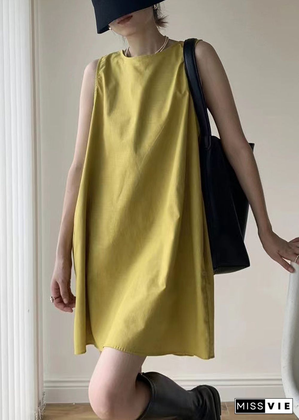 Casual Yellow O Neck Patchwork Cotton Mid Dresses Sleeveless