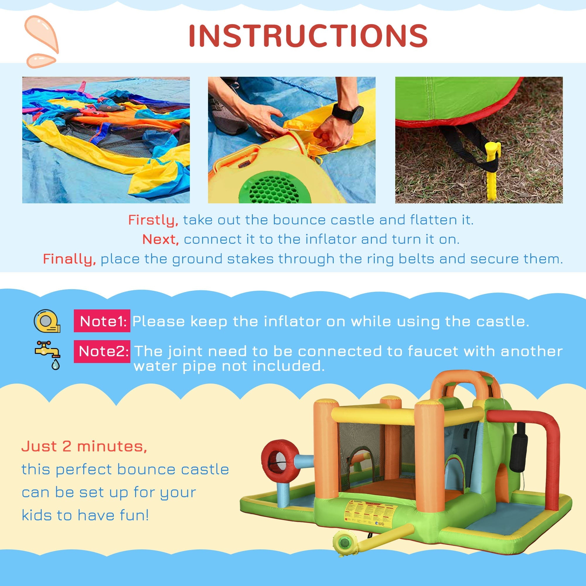 Outsunny 7-in-1 Inflatable Water Slide, Kids Castle Bounce House Includes Slide, trampoline, Pool, Water Cannon, Ball-target, Boxing Post, Tunnel with Carry Bag, Repair Patches, 750W Air Blower