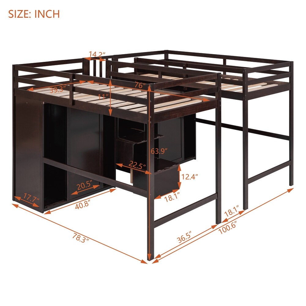 Wood Double Twin Size Loft Bed w/ Wardrobes   Storage Staircase Unisex