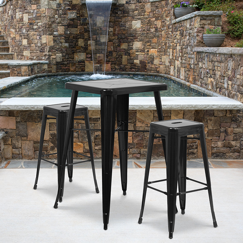 23.75 quotSquare Black Metal Indoor/Outdoor Bar Table Set   Industrial   Outdoor Pub And Bistro Sets   by First of a Kind USA Inc  Houzz