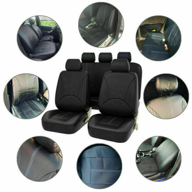 Car Seat Cover，9PCS Full Set Auto Luxury PU Leather Front Rear Seat Cushion for 5-Seats Car Black， Christmas Gifts