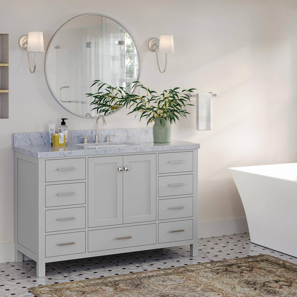 ARIEL Cambridge 55 in. Bath Vanity in Grey with Marble Vanity Top in Carrara White with White Basin A055SCWRVOGRY