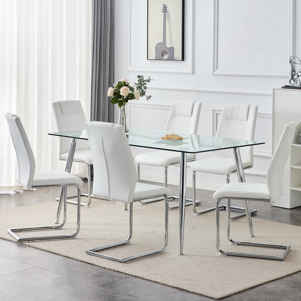 5 PCS Dining Table Set Table and Chair Set w 1 Table and 8 Chairs Glass Table Top Metal Table Legs