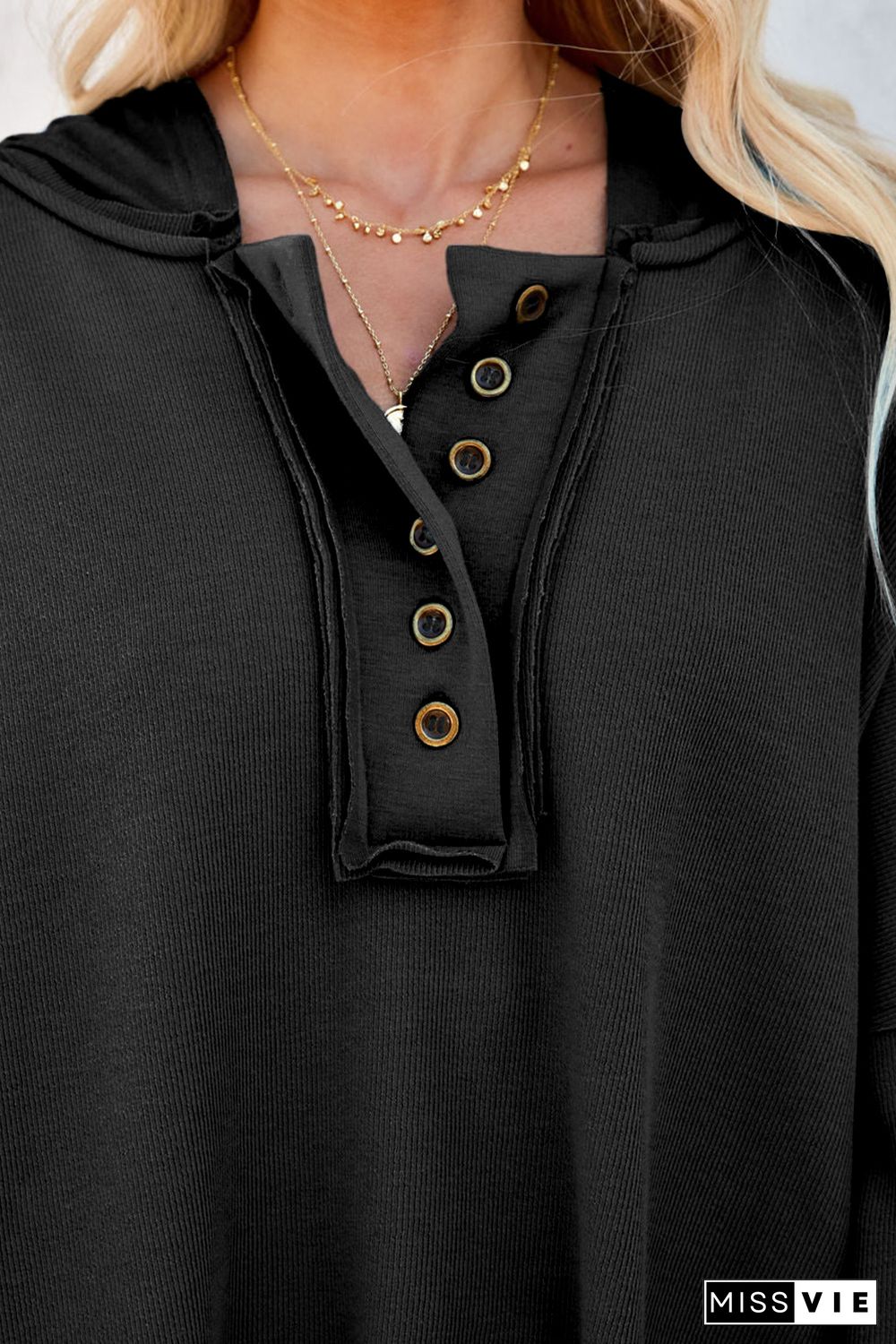 Black Casual Button Solid Patchwork Trim Hoodie