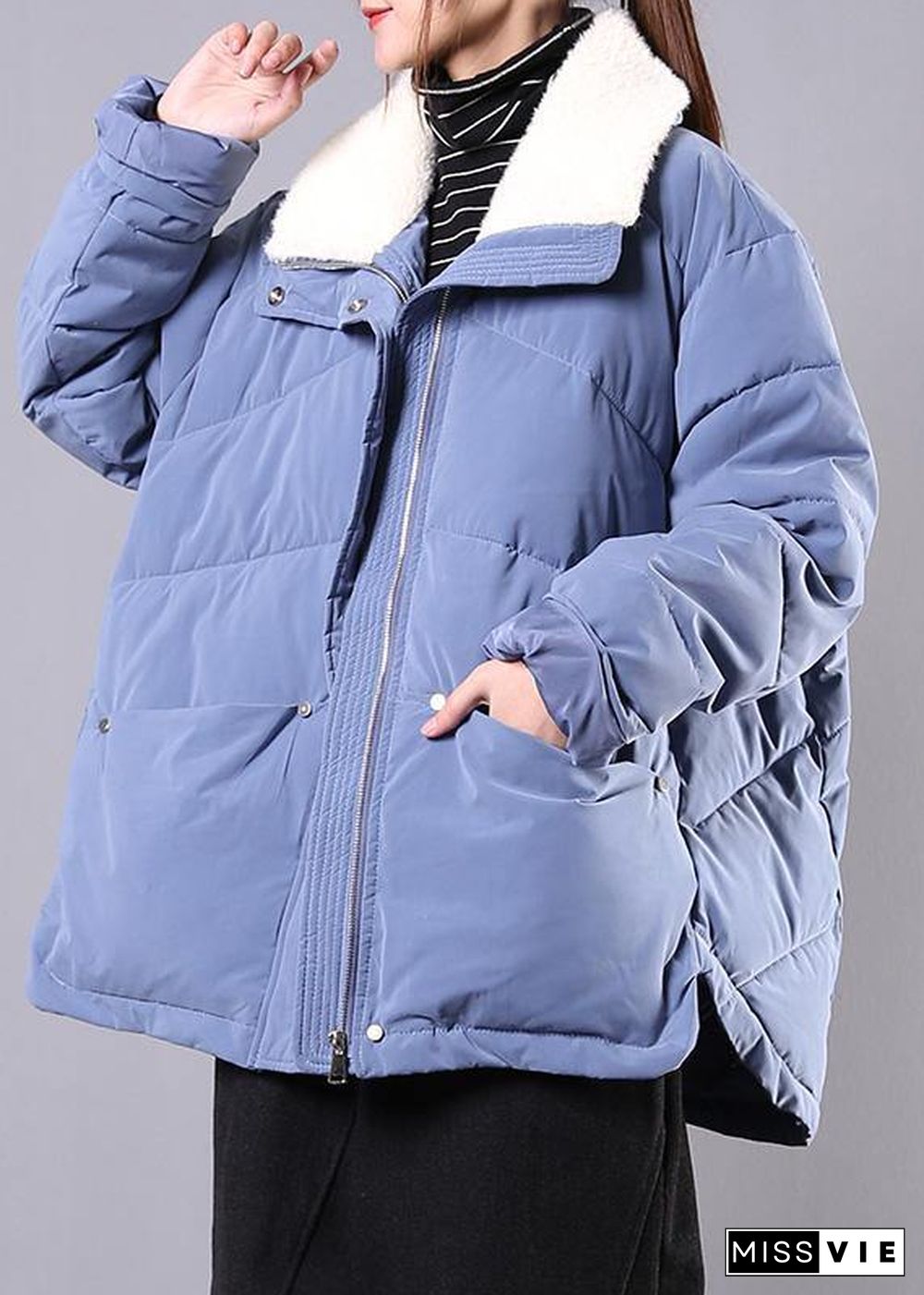 Elegant blue Parkas for women Loose fitting winter jacket lapel pockets zippered overcoat