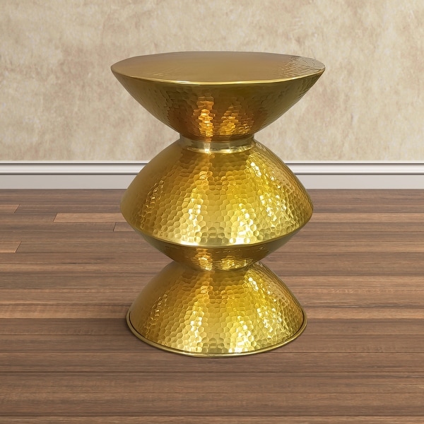 21 Inch Round Aluminum Side End Table， Hammered Embossed Metal Surface， Turned Pedestal Base， Gold Brass Finish