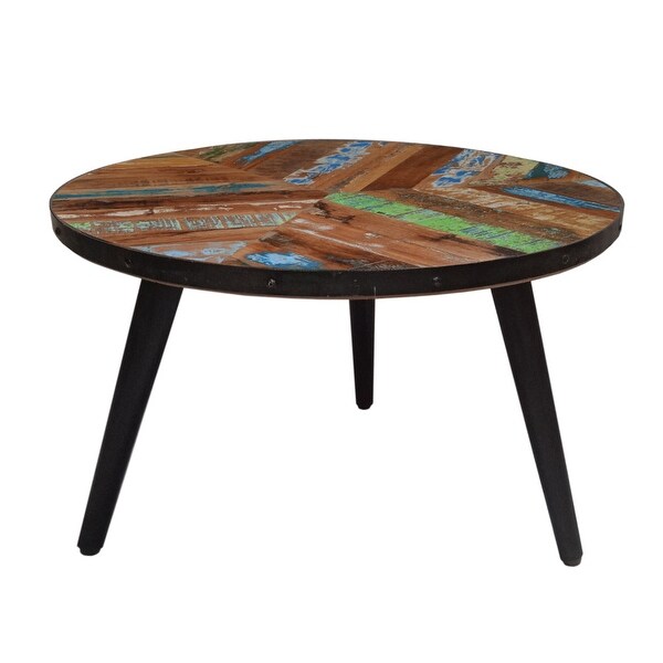 17 Inch Industrial Side Table， Reclaimed Wood， Round Multi Tone Top， Iron Trim， Brown， Black - 22 L x 22 W x 16.5 H Inches