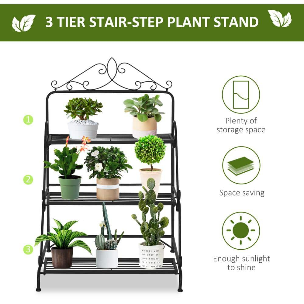 Outsunny Indoor/Outdoor Black Metal Plant Stand (3-Tiered) 845-570BK