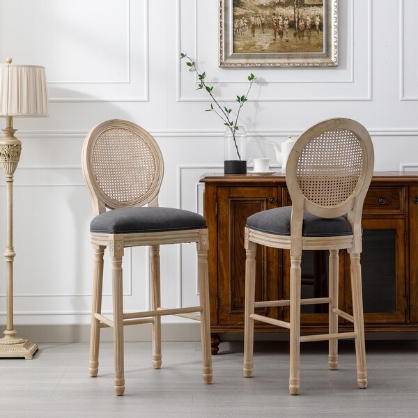 2pcs French Style Barstools with Upholstered Seating and Rattan Back