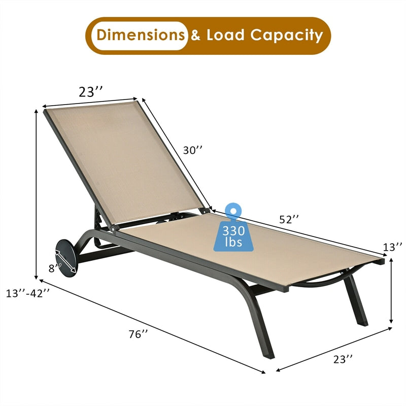 6-Position Adjustable Patio Chaise Lounge Chair Outdoor Beach Recliner with Wheels