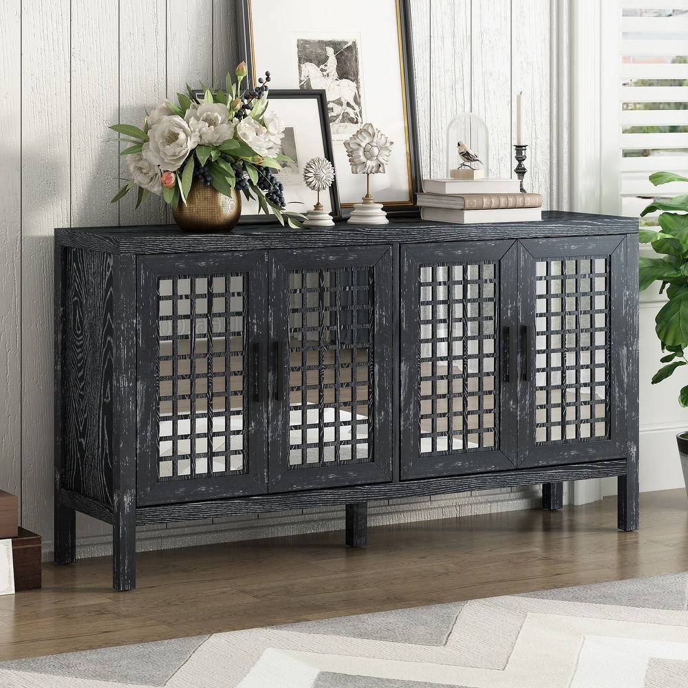 Retro Mirrored Sideboard with Closed Grain Pattern for Dining Room