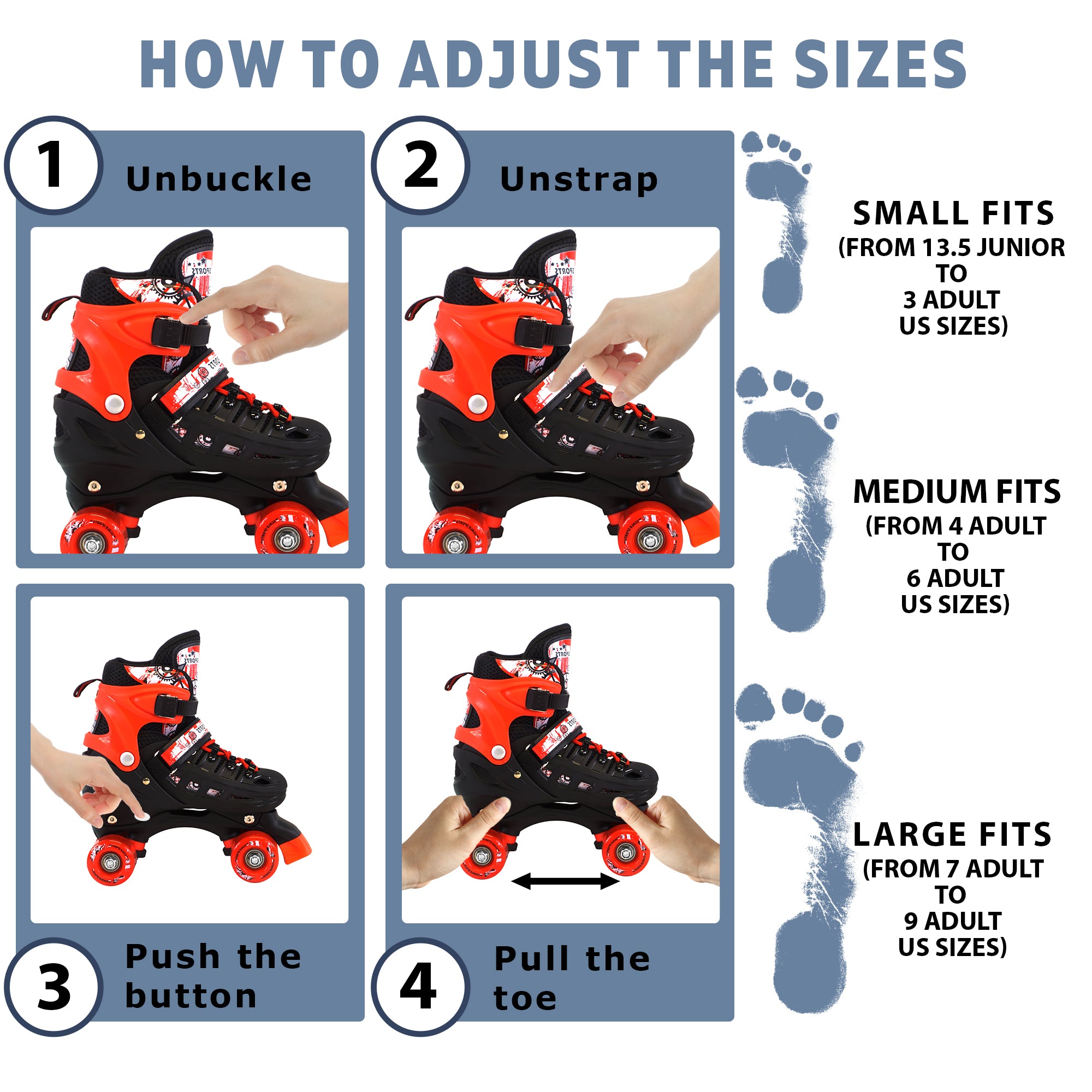 Adjustable Red Quad Roller Skates For Kids Medium Sizes