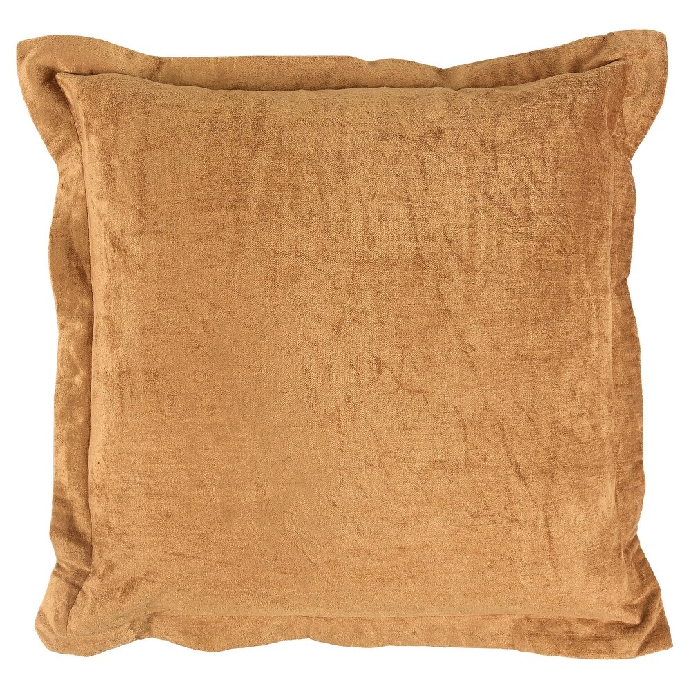 Brad 22 Inch Square Velvet Decorative Throw Pillow  Flanged  Harvest Gold