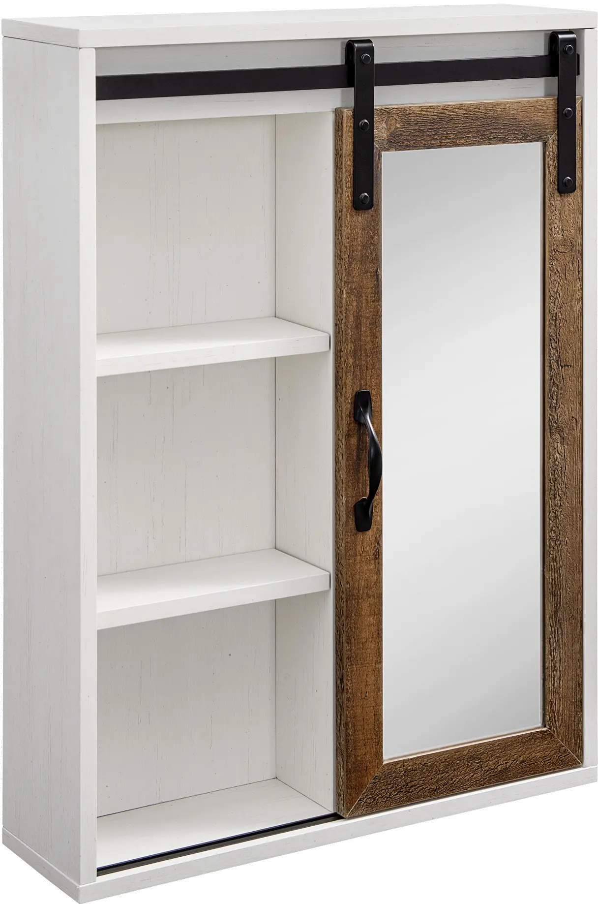 Sliding Mirrored Barn Door White and Oak Wall Cabinet