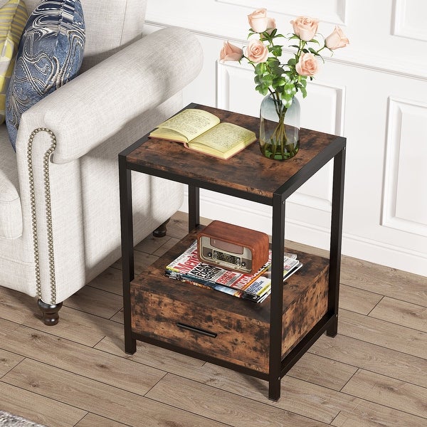 Industrial End Table with Drawer and Storage Shelves， Side Table and Nightstands