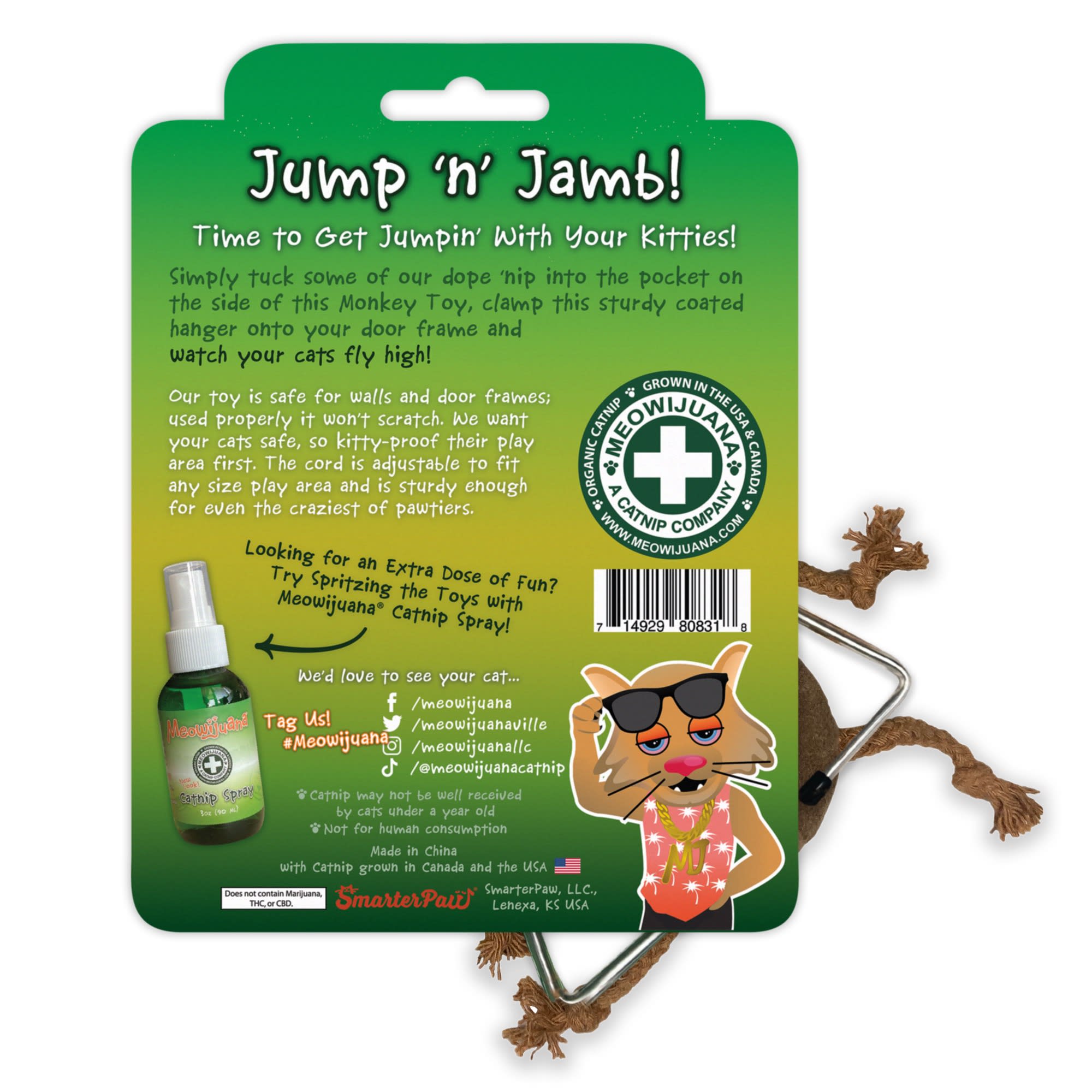 Meowijuana Jump n Jamb - Get The Monkey Off Your Back Hanger Cat Toy， Medium