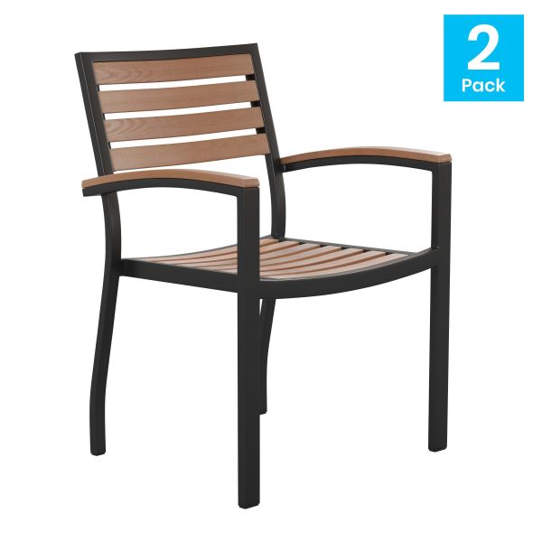 Lark Outdoor Stackable Faux Teak Side Chair - Commercial Grade Black Aluminum Patio Chair with Synthetic Teak Slats - Set of 2