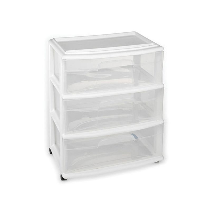 Homz Plastic 3 Clear Drawer Small Rolling Storage Container Tower， White， 2 Pack