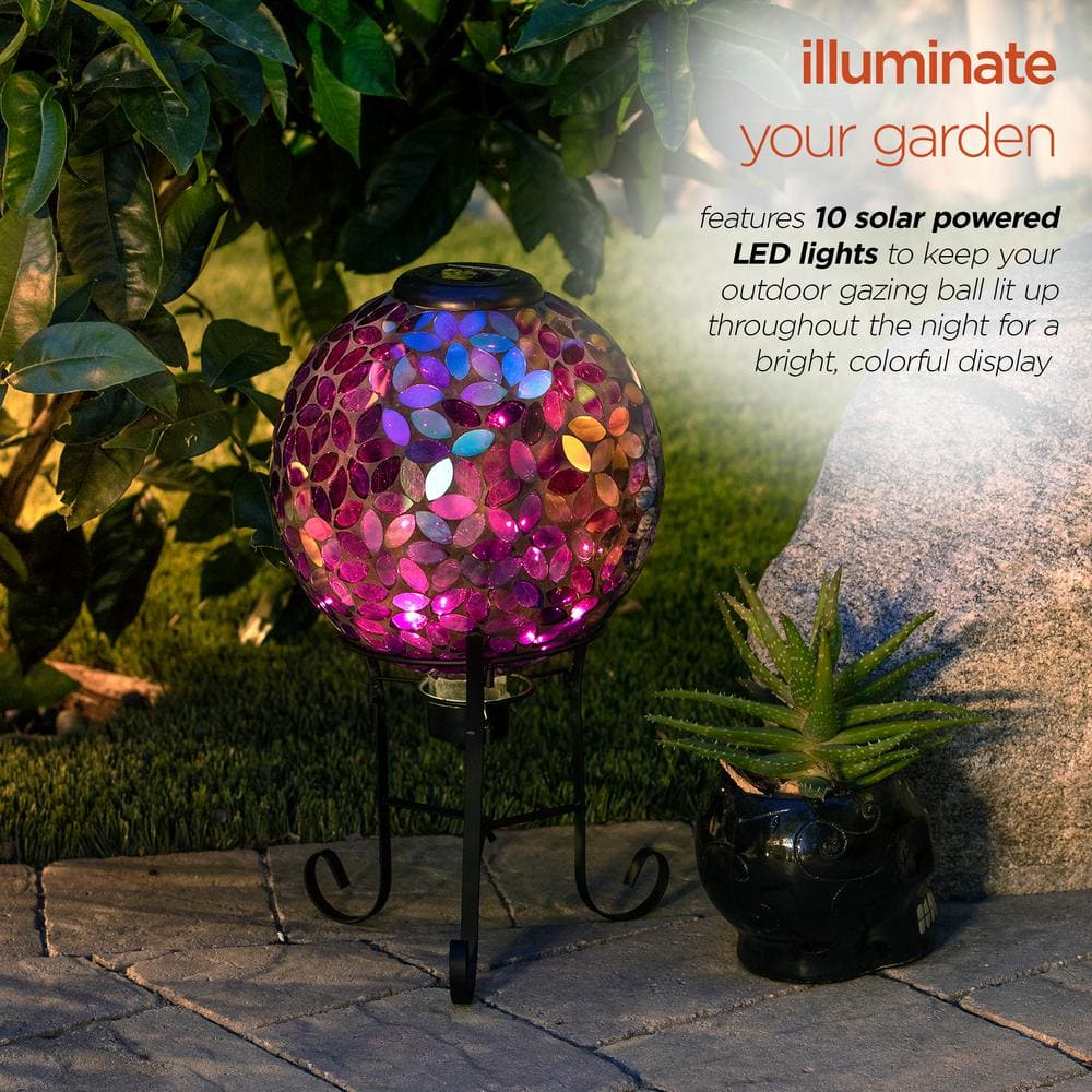 Alpine Corporation Outdoor Solar Powered Glass Mosaic Gazing Globe with Metal Stand Yard Decoration, Purple GRS122A-SLR