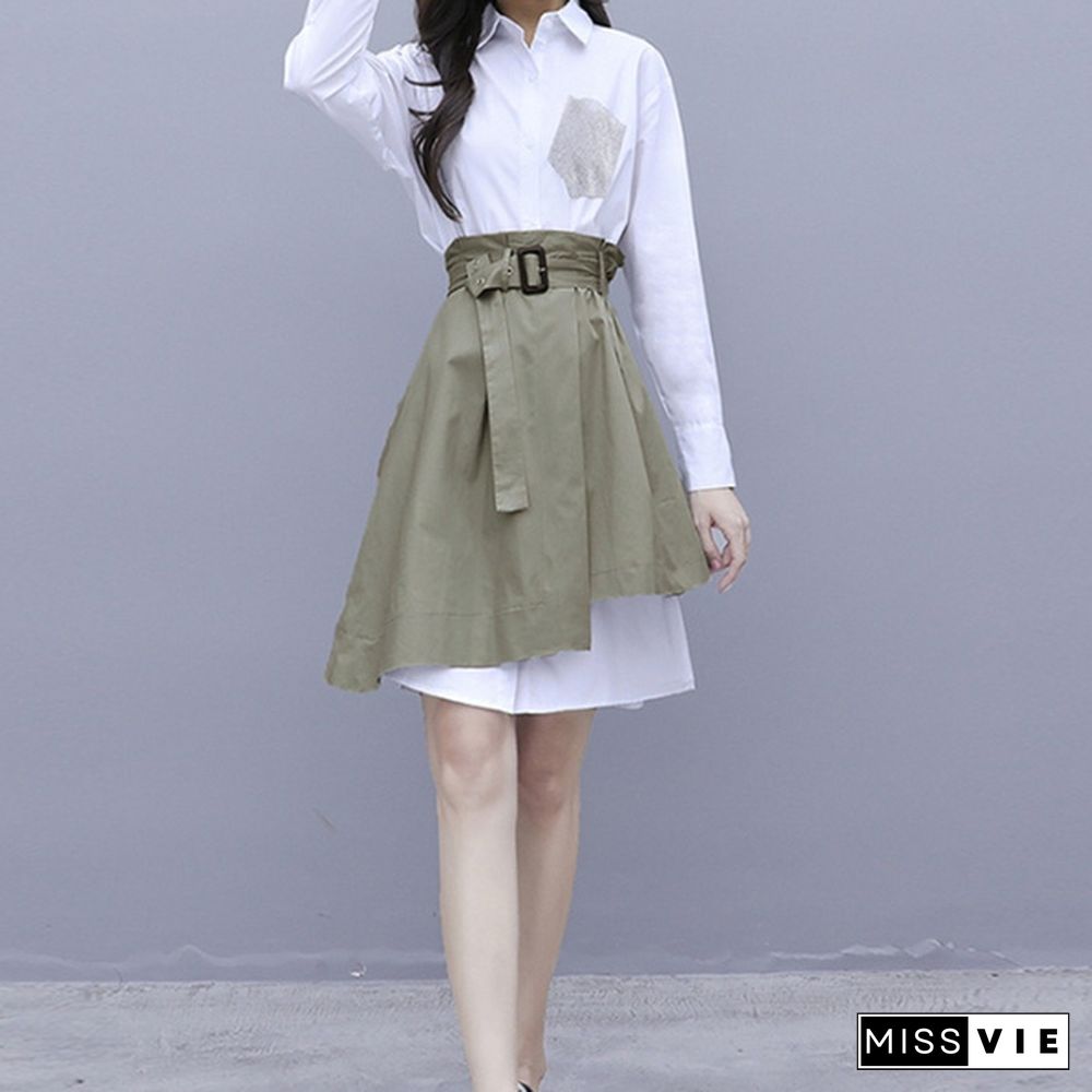 White Shirts Long Sleeve Dress Set Turn Down Collar Blouse + Irregular Skirt Women Fashion Outfits Office 2 Piece Set