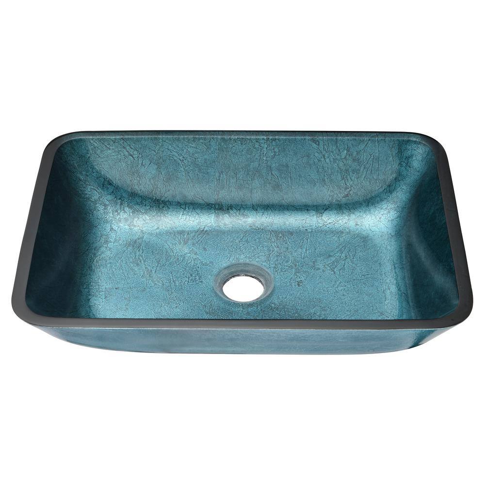 Handmade Countertop Glass Rectangular Vessel Sink in Blue with Single-Handle Faucet and Pop Up Drain in Matte Black W-Sun-12