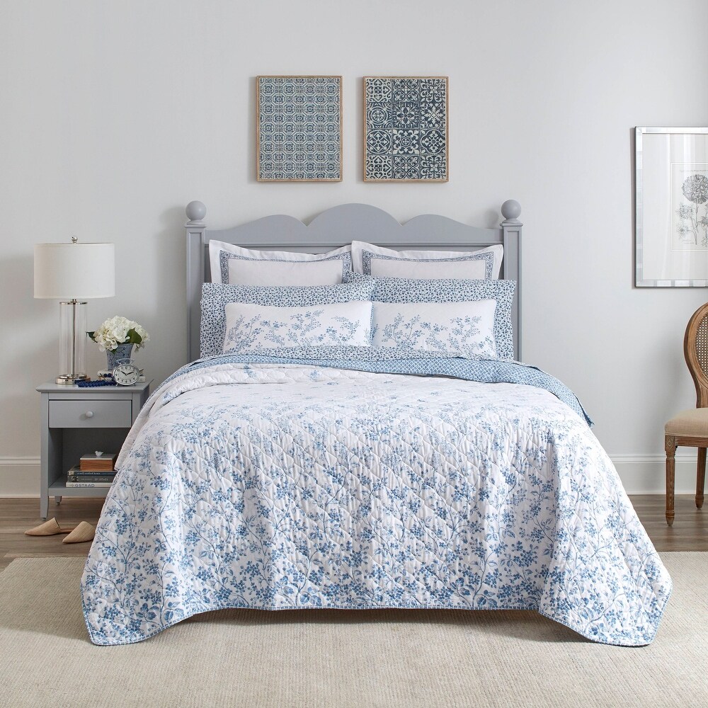 Laura Ashley Flora Cotton Reversible Blue Quilt Set