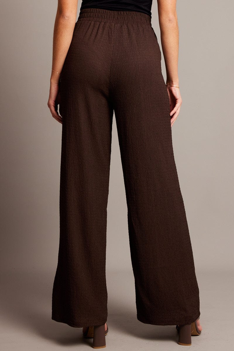 Brown Wide Leg Pants High Rise Textured Fabric